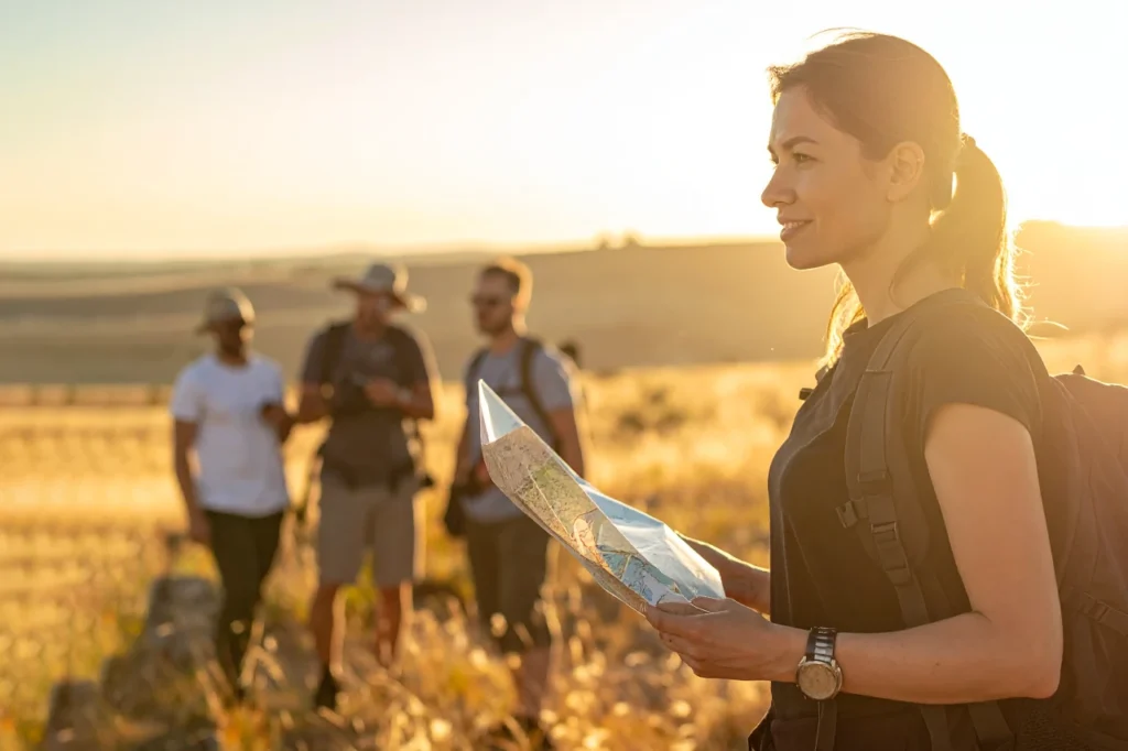 Beskidy - Przewodnik z mapą w ręku, z grupą turystów